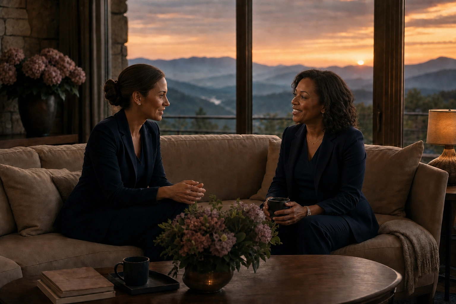 Two household professionals in conversation at a mountain estate at sunset