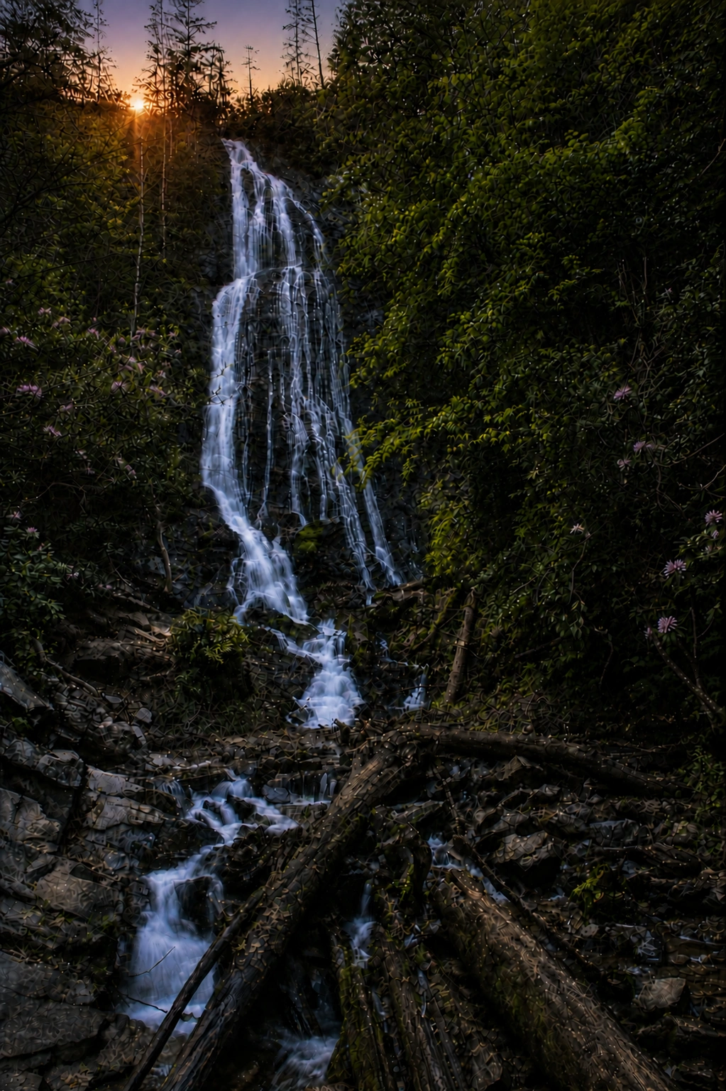 A North Carolina waterfall framed by summer rhododendrons at sunset