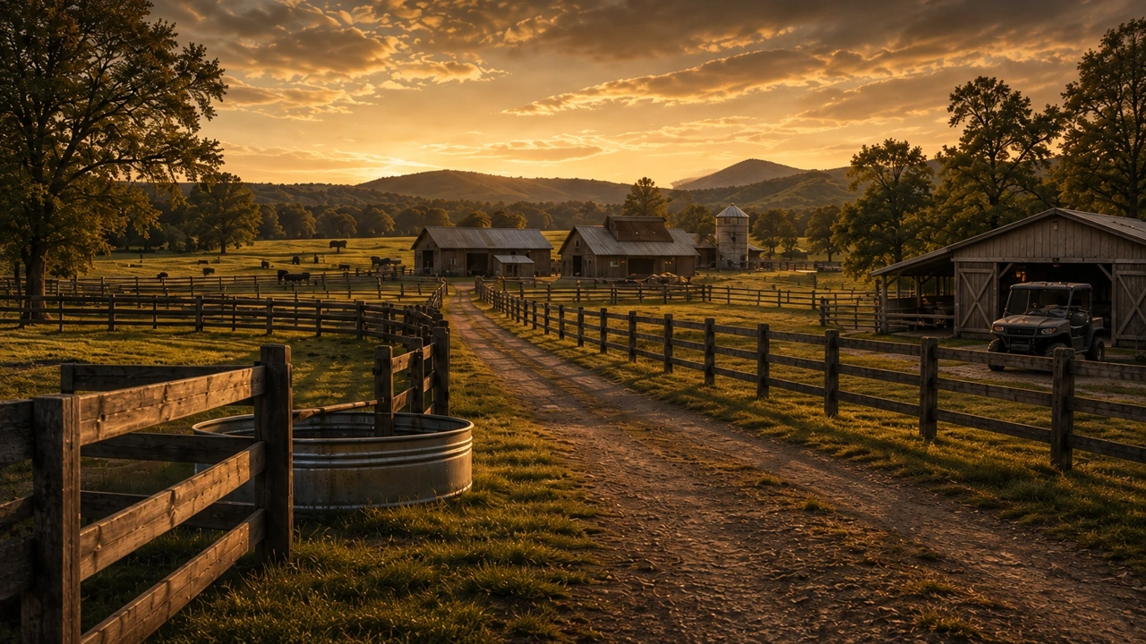 Pastures, fencing, and buildings on a working ranch