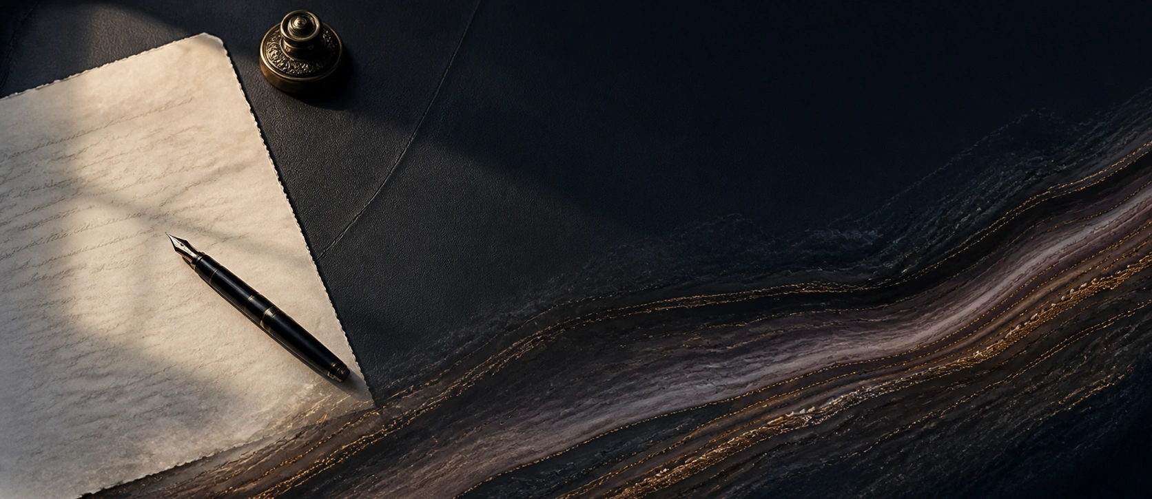 A fountain pen and handwritten letter flowing into dark mineral layers with gold veining