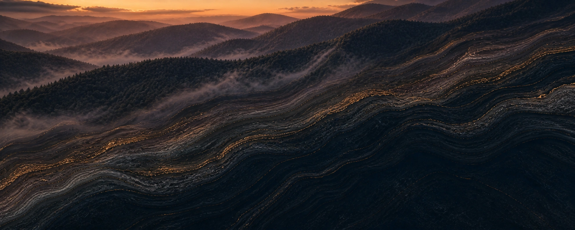 Layered Blue Ridge mountains merging into dark stone veined with gold