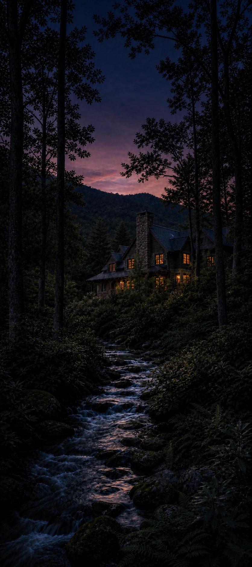 A private stone-and-timber estate beyond a mountain stream at sunset
